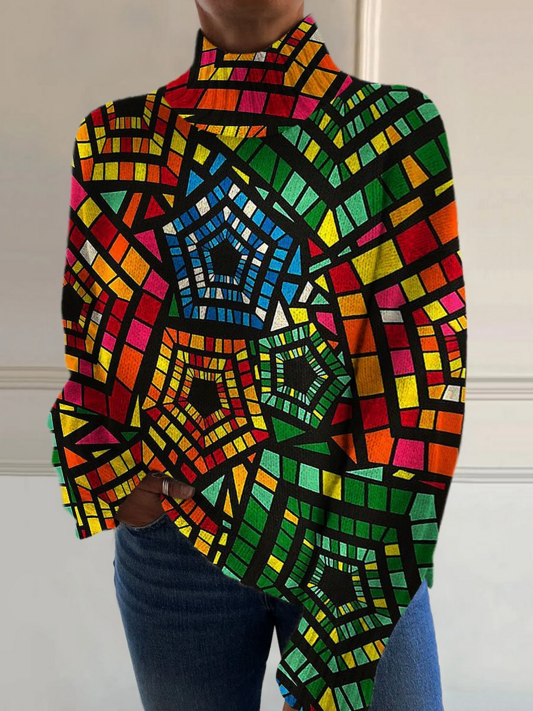 Emma | Retro colourful geometric art print turtleneck sweater