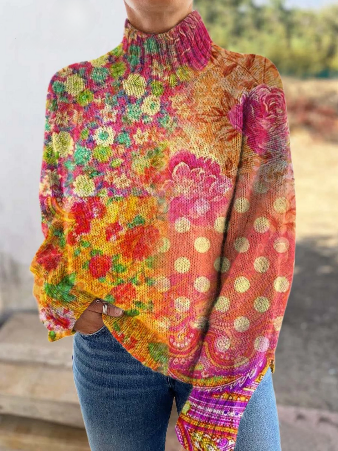 June | Floral polka dot print turtleneck sweater