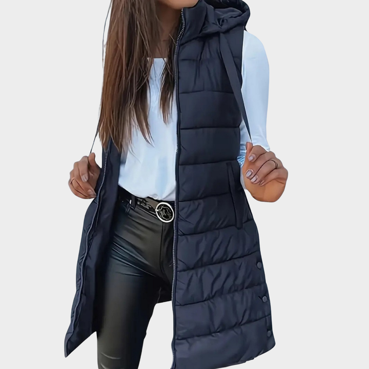 Phoebe | Sleeveless Hooded Long Puffer Vest