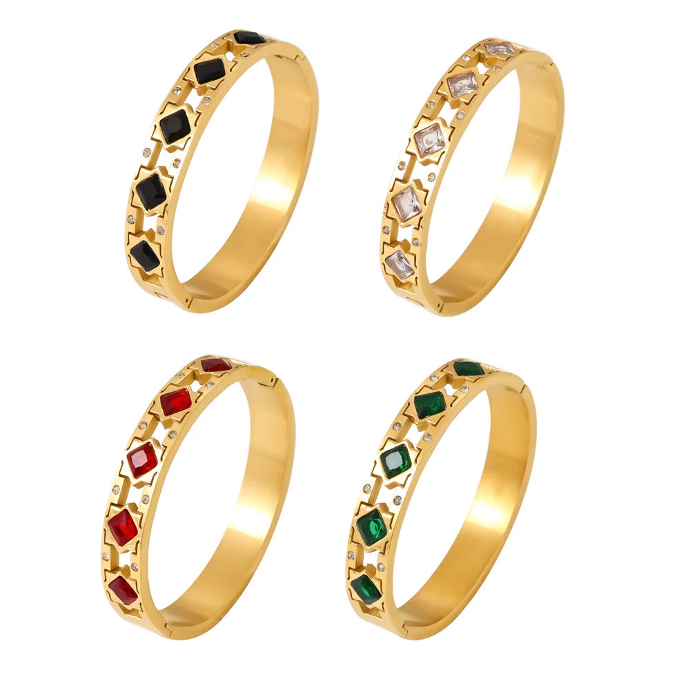 Openable Stainless Steel Bracelets For Women 18k Gold Plated Inlaid Square Zircon And Glass Stone Hollowed Women's Cuff Bracelet