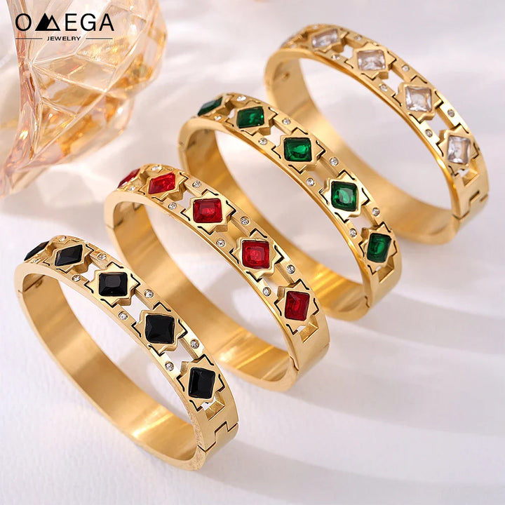 Openable Stainless Steel Bracelets For Women 18k Gold Plated Inlaid Square Zircon And Glass Stone Hollowed Women's Cuff Bracelet