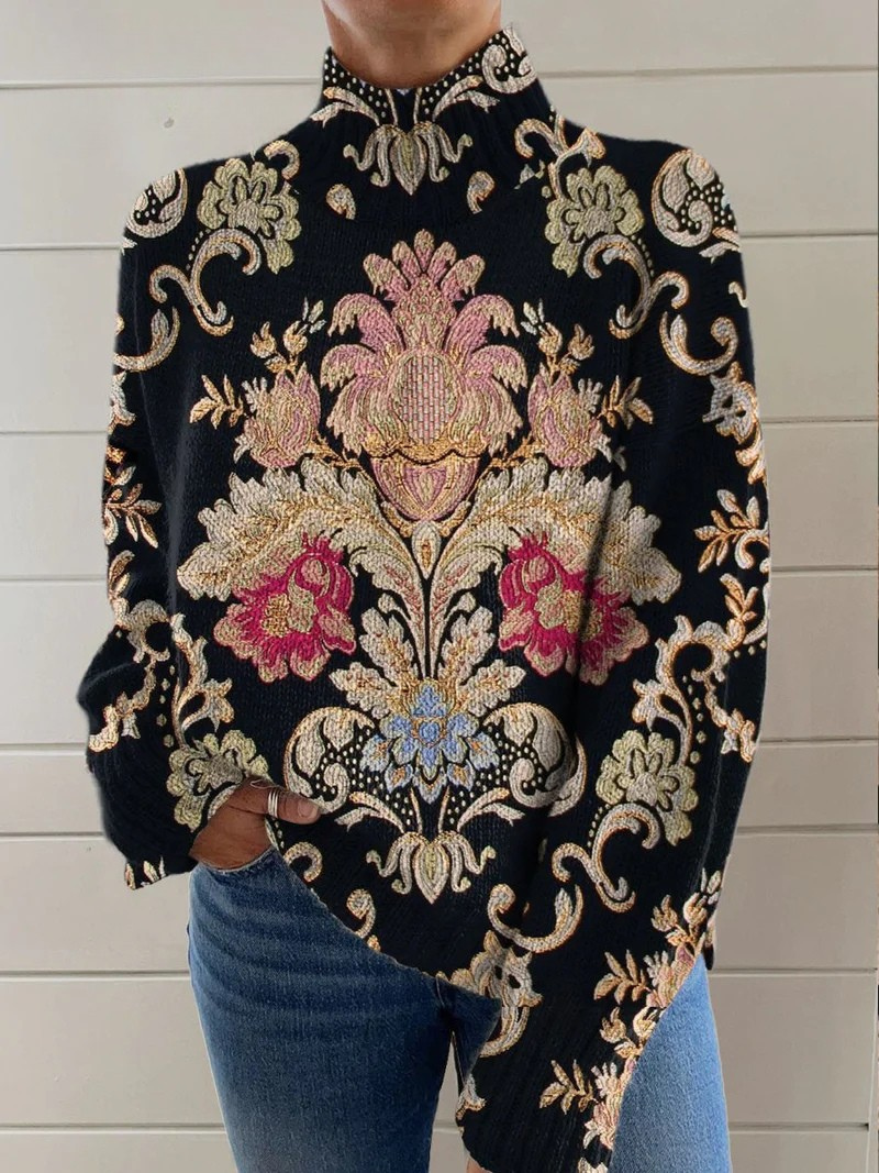Mia | Vintage floral knit turtleneck sweater